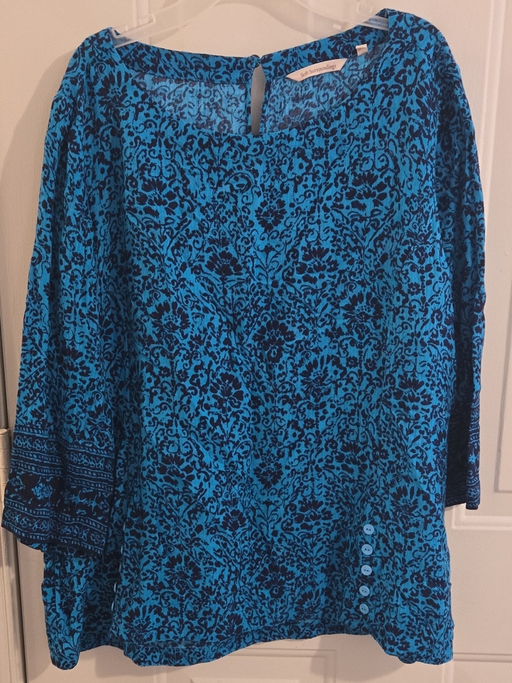 Soft Surroundings Navy Blue Turquoise Floral Tunic Blouse Boat Neck XL Boho